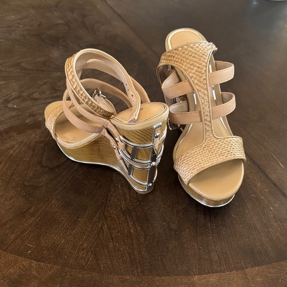 Gianni Bini Beige Woven Multi-Strap Platform Wedge Sandals
